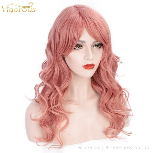 24 Inches Long Wave Hair Extension Wigs Pink Heat Resistant Full Cheap Woman Synthetic Hair Wig With Bangs No Lace Cosplay Use